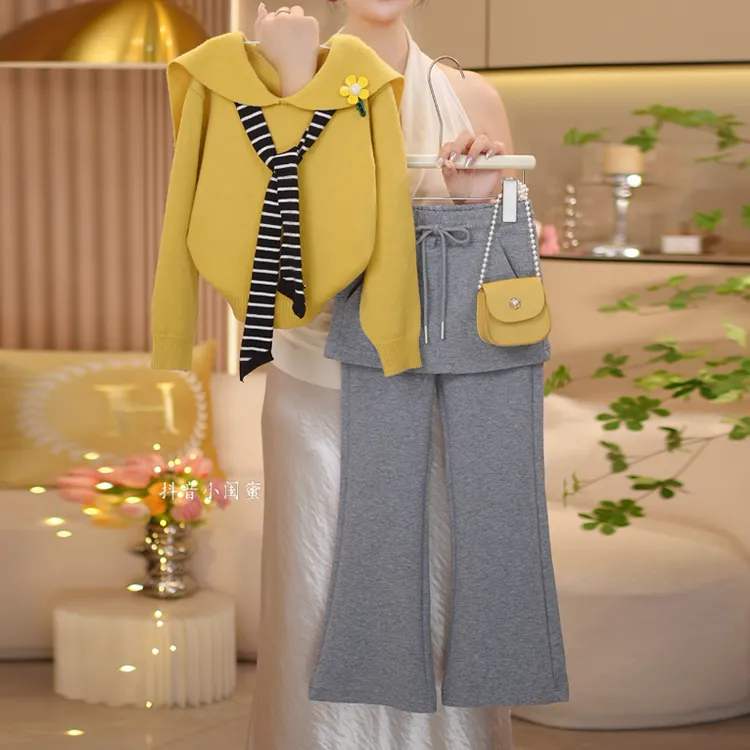 【闺蜜家】女童秋季2025新款时尚翻领针织毛衣+微喇卫裤套装-8847