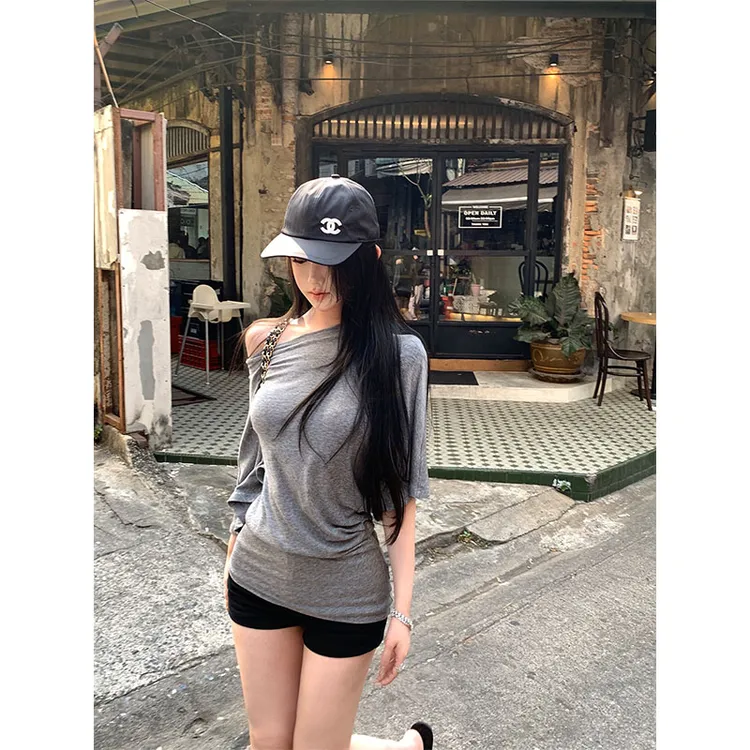 新款内搭王者纯色时尚中袖简约T恤宽松捏褶显瘦上衣高腰显瘦短裤