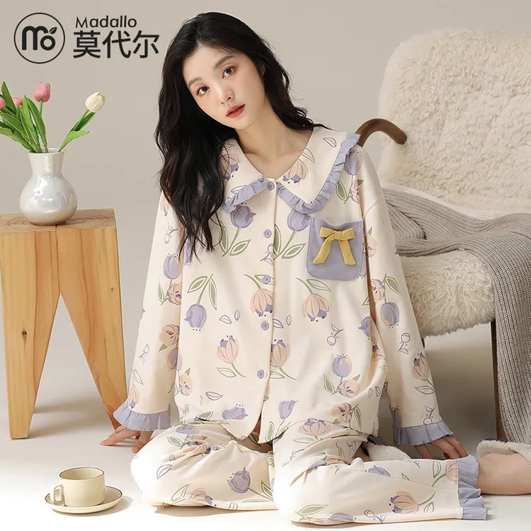 莫代尔春秋款睡衣女士纯棉长袖开衫甜美可外穿全棉宽松家居服套装