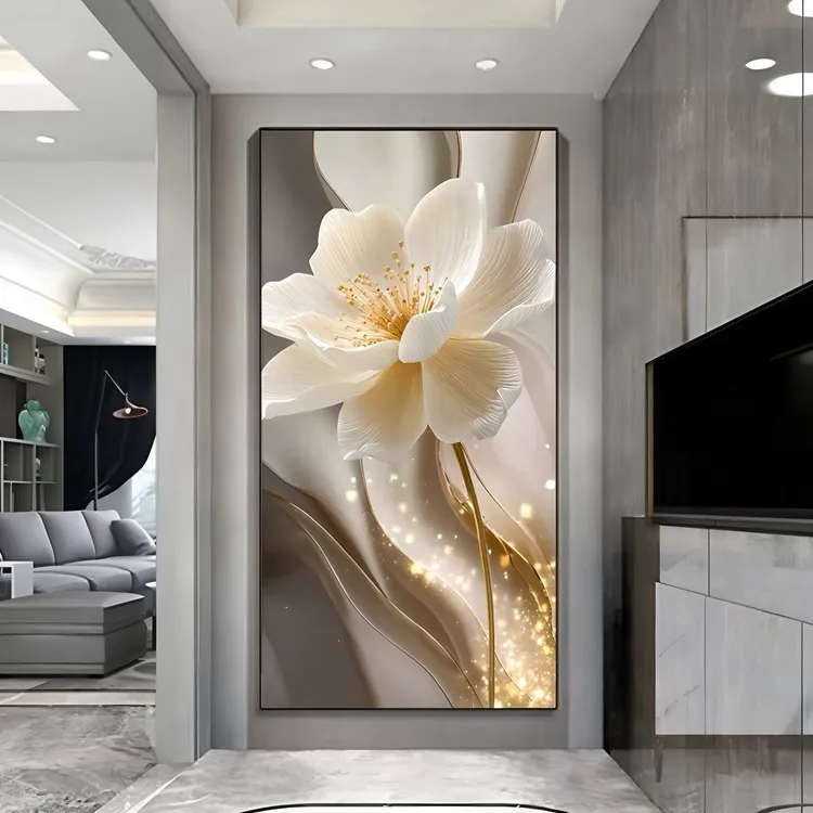 奶油风玄关装饰画轻奢时尚晶瓷壁画客厅入户走廊过道花卉竖版挂画