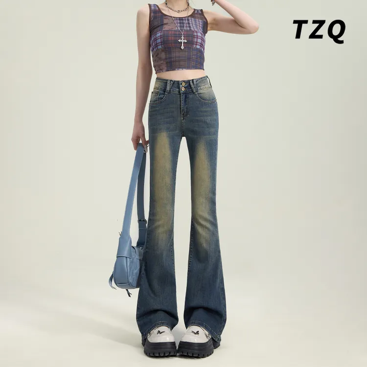 2025夏季辣妹复古弹力喇叭裤百搭显瘦修身喇叭牛仔裤女TZQ2521125