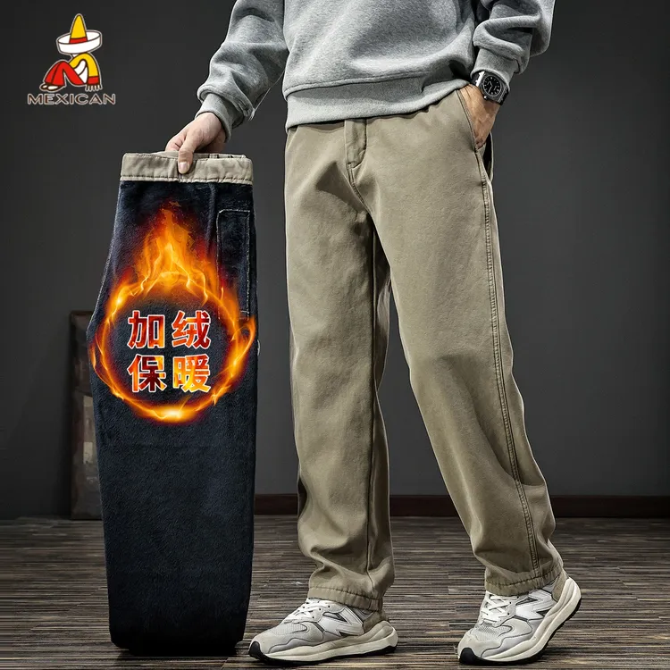 Mexican/稻草人冬季重磅复古休闲裤男款宽松大码加绒阔腿直筒裤子