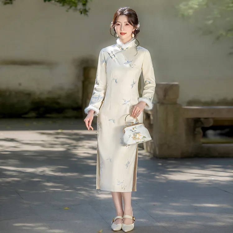 长袖冬季加绒温柔复古日常显瘦气质修身港风旗袍中国风