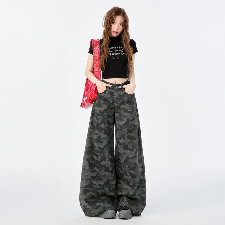 美式高街工装阔腿牛仔迷彩裤女小个子2025新款高腰显瘦宽松直筒裤