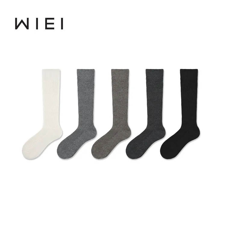 《WI EI》绵羊毛莱赛尔*纯色竖条纹M1U风长筒袜W25311015