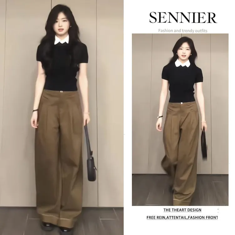 时尚穿搭女2025夏季新款设计感娃娃领针织短袖高级感阔腿裤两件套