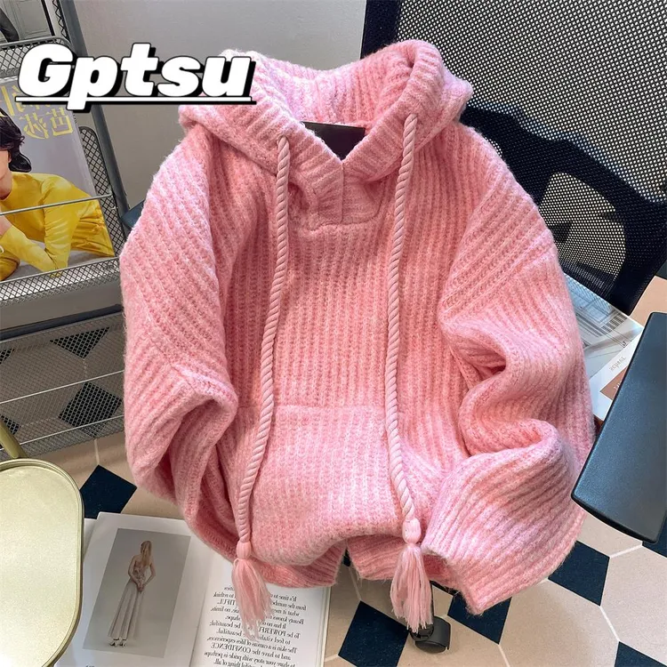 GPTSu艺术学生连帽针织衫女秋冬复古温柔风格别致香港风格针织衫