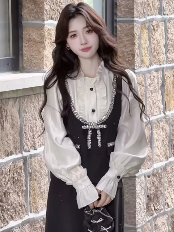 秋冬法式复古重工大码套装拼接假两件衬衫简约半身裙两件套764621