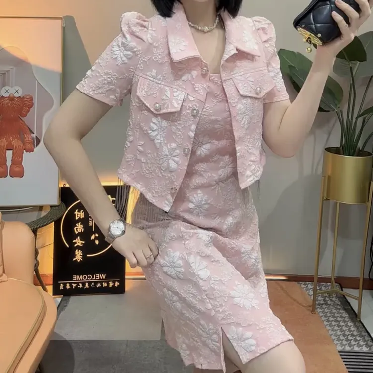 新款提花短袖外套搭配连衣裙套装两件套