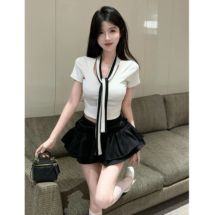 甜辣妹套装纯欲小个子领带短袖T恤气质上衣高腰蓬蓬半身短裙女夏