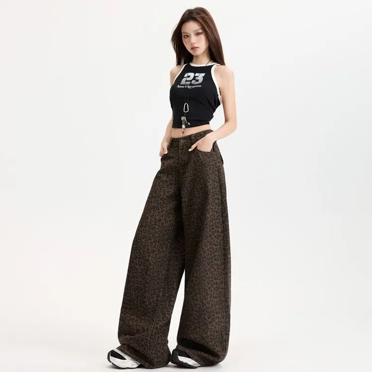 美式豹纹阔腿牛仔裤女2025夏季新款高腰遮胯直筒垂感休闲拖地裤子