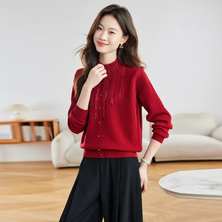 2026冬季品牌新款法式小香风针织衫毛衣本命红色套头羊毛衫上衣女
