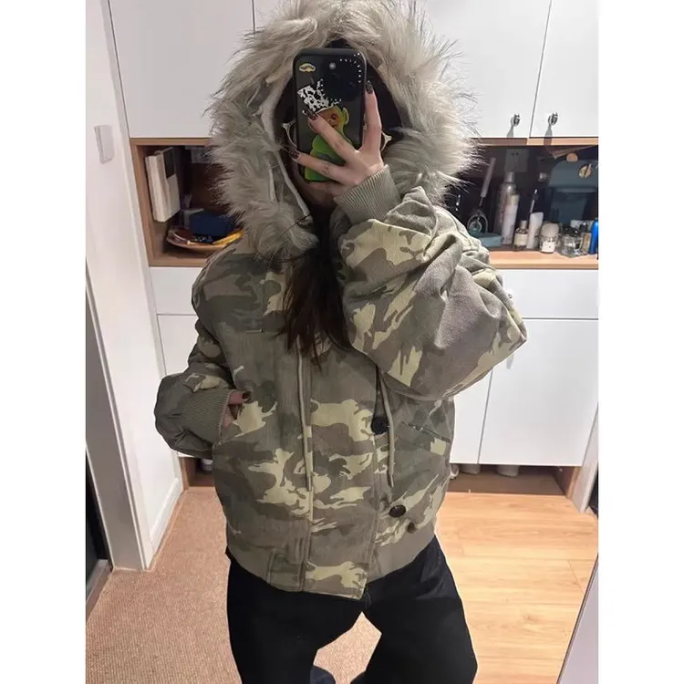 美式复古迷彩座山雕连帽毛领外套男款冬季棉衣宽松情侣短款棉服潮