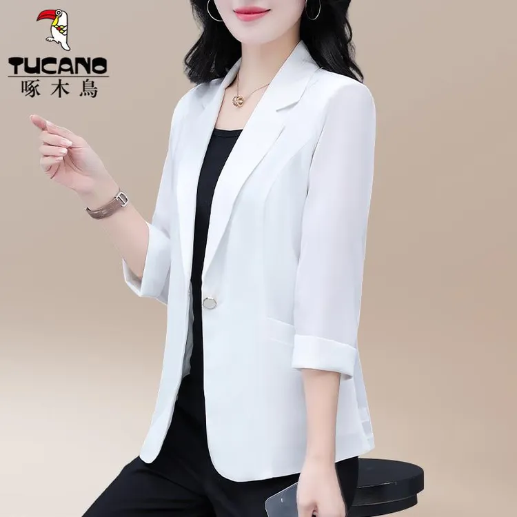 啄木鸟白色西装外套女2025新款女士七分袖外搭夏季薄款高端小西服