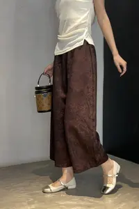 07626提花松紧法式舒适老钱风休闲裤休闲印花复古阔腿裤