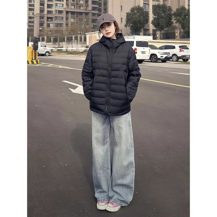 黑色美式连帽排骨羽绒服男冬季短款轻薄cleanfit户外保暖运动外套