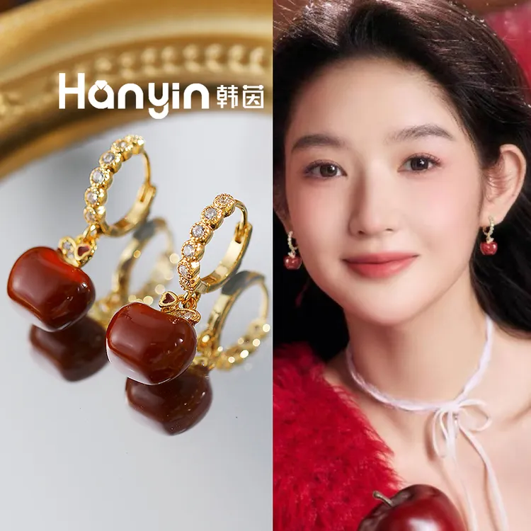 铜合金合成锆石耳饰 本命年高级釉面红红火火苹果女式平安果耳扣