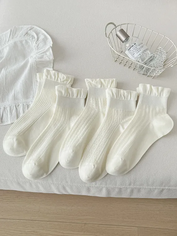 花边白色无骨袜子女夏季薄款纯色长绒棉抗起球中短筒袜堆堆袜棉袜