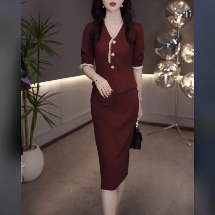 【连衣裙】2025早秋新款时尚气质女士修身显瘦红色优雅假两件连衣裙