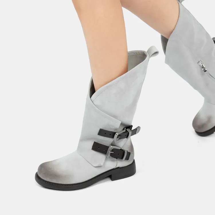 Cihi'Ahoilc' 做旧擦色 粗跟厚底褶皱复古长靴