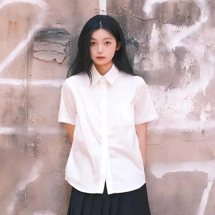 学院风白色衬衫学生百搭毕业照校服白打底上衣女夏基础款尖领短袖