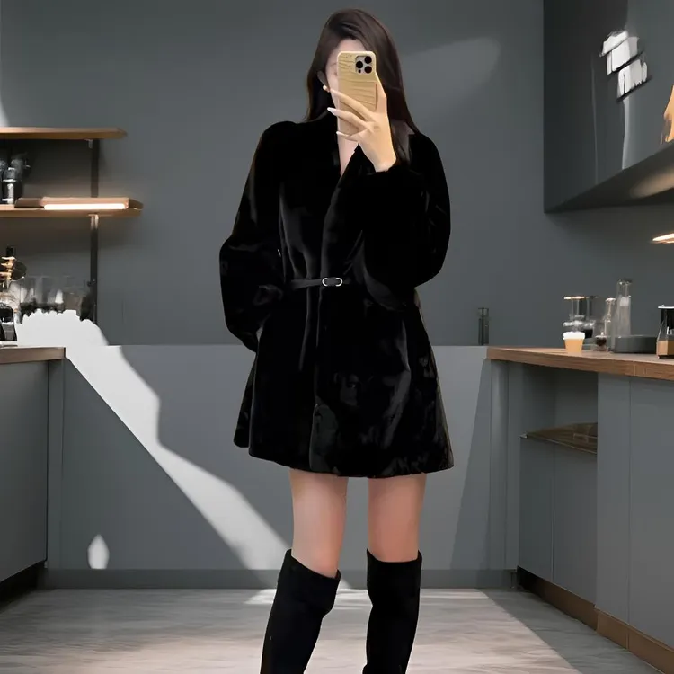 人造皮草 女装海宁环保皮草宽松皮衣冬季加绒仿水貂绒中长款外套