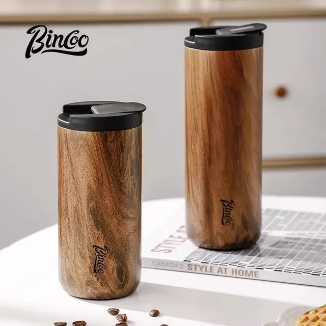 Bincoo复古咖啡杯木纹新款保温杯轻奢精致男士便携随行杯喝水杯子