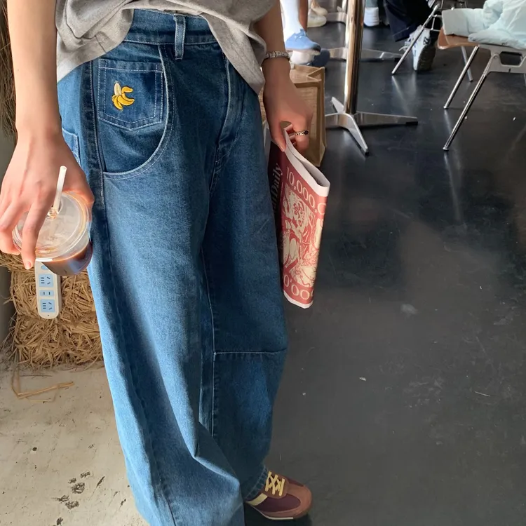 cold gold弯刀牛仔裤香蕉刺绣宽松阔腿直筒镰刀长裤中高腰男女