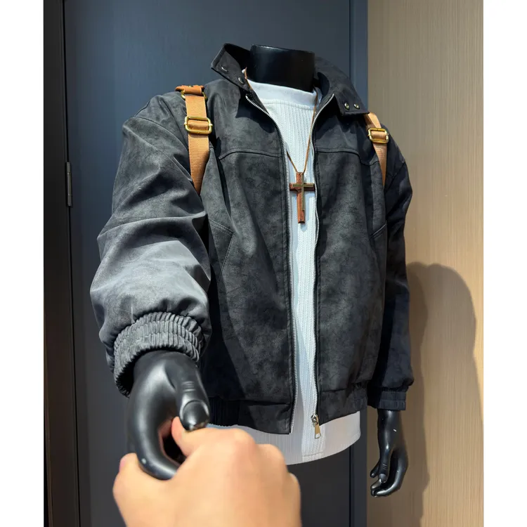 美式短款扎染一体绒皮衣棉服男冬季加绒加厚保暖痞帅立领夹克外套