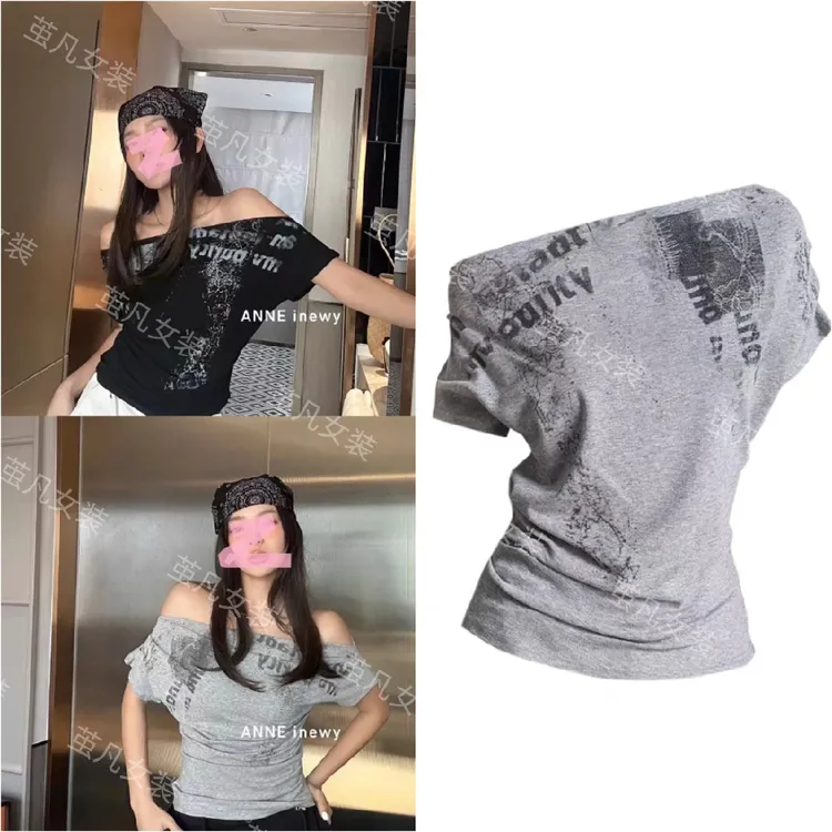 大码胖mm美式辣妹一字肩短袖t恤女夏季设计感收腰显瘦短款上衣