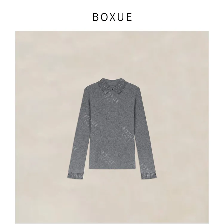 BOXUE“罗拉毛衣”2025冬绵羊.毛细闪Polo领拼接毛衣#251208MY7485