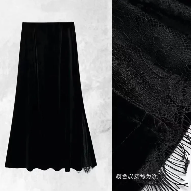春秋A字极简风秋季百搭纯色蕾丝鱼尾半身裙蕾丝春季