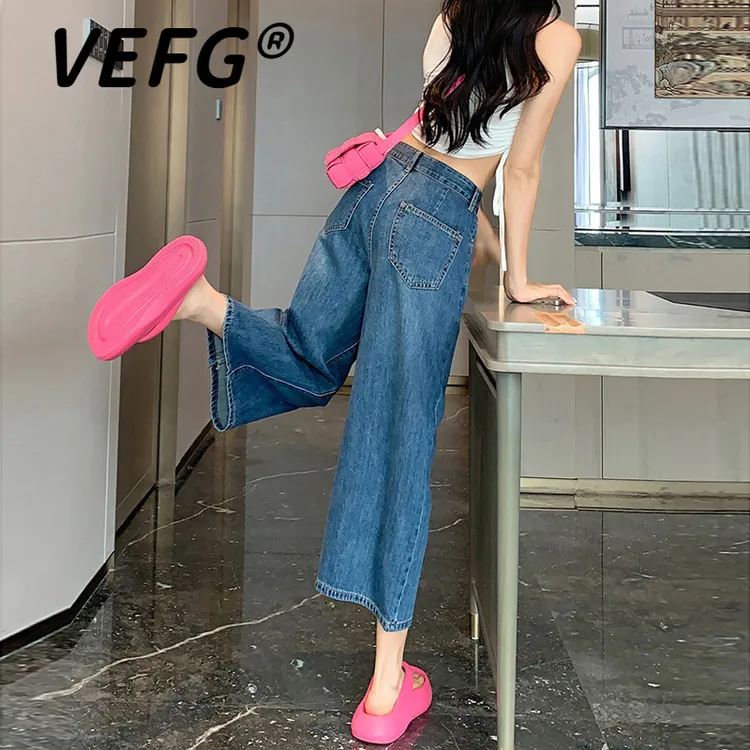 VEFG夏季薄款八分阔腿牛仔裤女高腰宽松显瘦小个子九分直筒裤子女