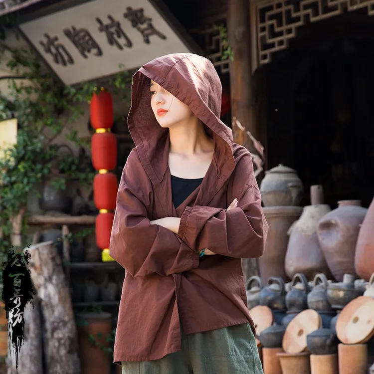 女式秋冬砂洗宽松25亚麻连帽外套遮阳衫棉麻长袖新款蘑糯糯monoo