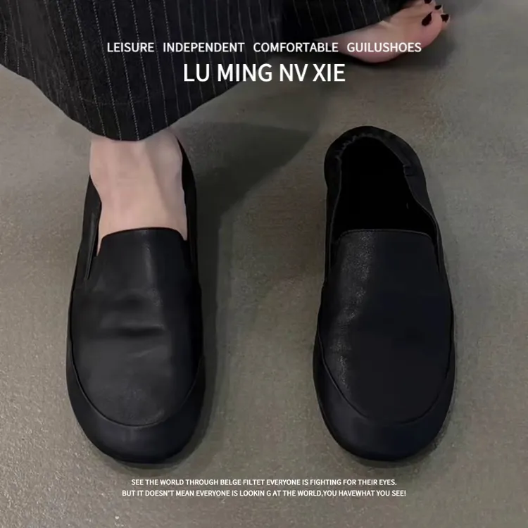 羊皮版~复古风时尚真皮圆头懒人鞋超软百搭一脚蹬平底乐福鞋单鞋