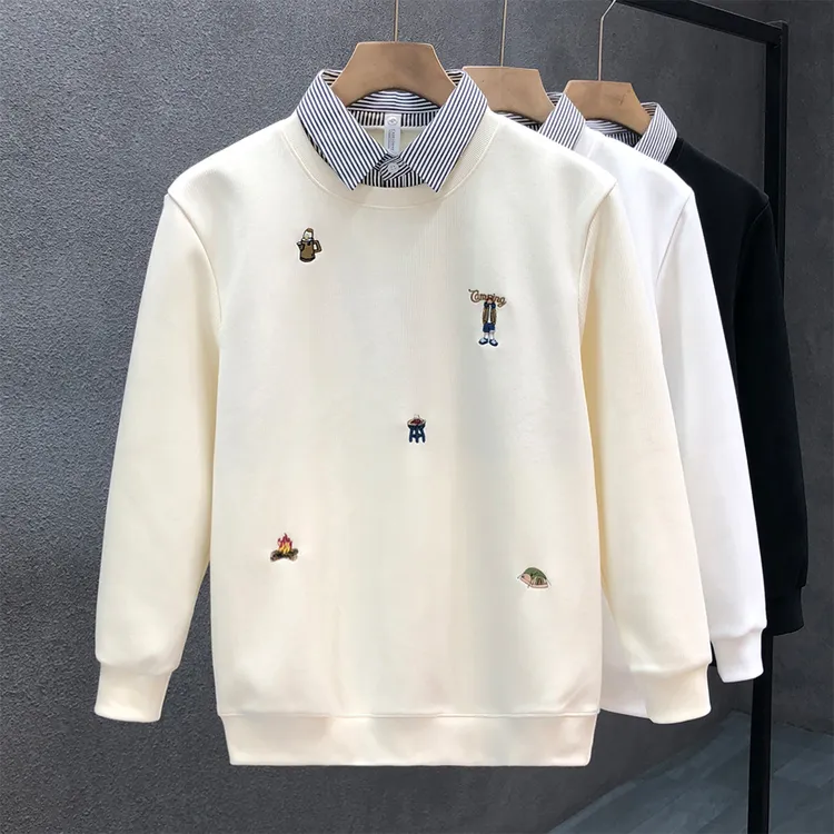 流行卡通刺绣假两件卫衣男潮牌秋装上衣2025秋冬季新款男士打底衫