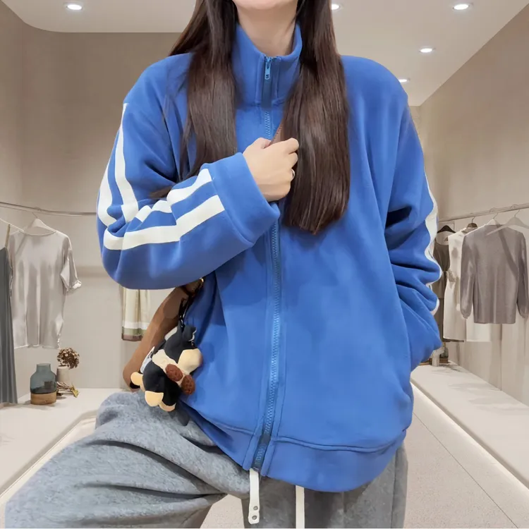 立领拉链保暖外套女2025秋冬新款双杠白条纹点缀休闲百搭长袖上衣