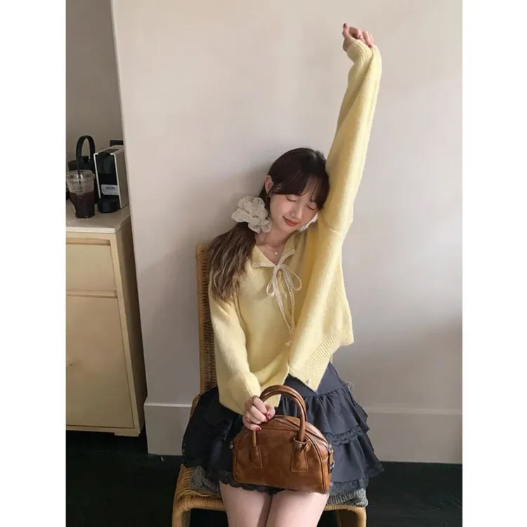 6022大码女装韩系气质软糯针织开衫单排扣百搭花边绑带毛衣