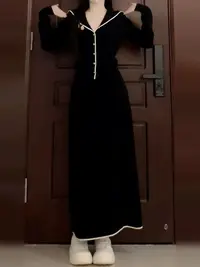 【莹莹推荐】法式学院风海军领黑色女秋冬2025新款套装长裙