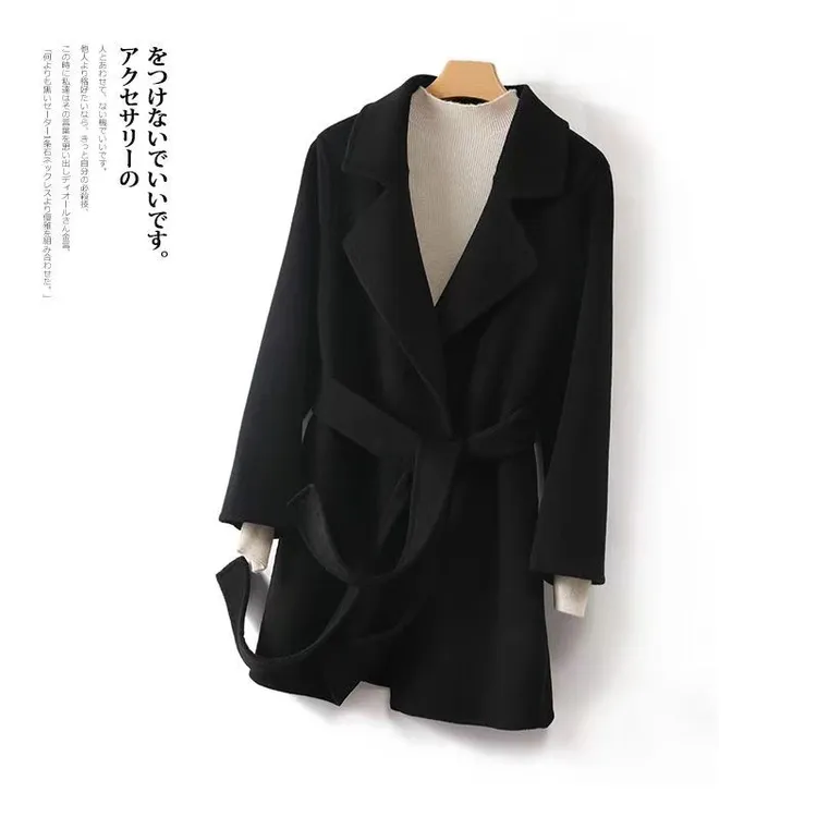 新款纯色中长款双面羊毛呢大衣显瘦100%纯羊毛系带外套女小个子