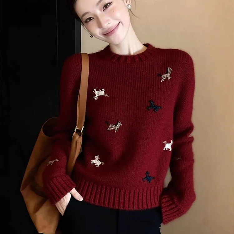百搭气质显瘦显白流行款休闲风红色毛衣女2025冬立体小马新年毛衣