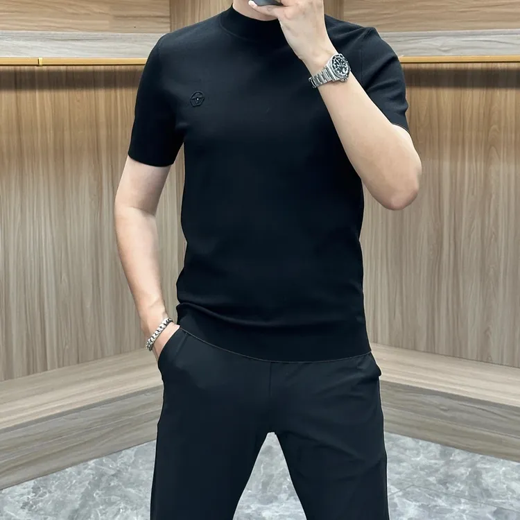 春秋男士毛衣针织打底衫修身圆领短袖毛衣简约纯色高品质商务潮流