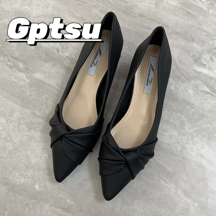 GPTSu尖头粗跟单鞋女春秋新款浅口鞋中跟法式小香风黑色工作瓢鞋