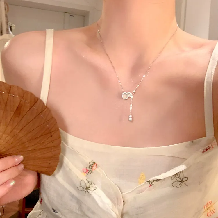 芒果饰品 坠链均925银锆石 925银闪锆葫芦流苏项链女精致锁骨链
