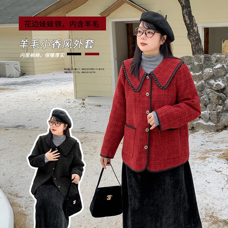 大码女装含羊毛小香风外套2024冬季新款娃娃领裥棉保暖上衣441963