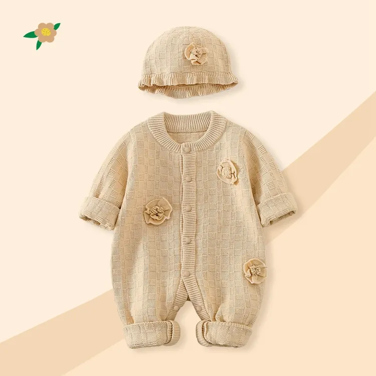 婴儿秋装连体衣女宝宝新生儿衣服秋冬爬服洋气针织衫满月编织哈衣