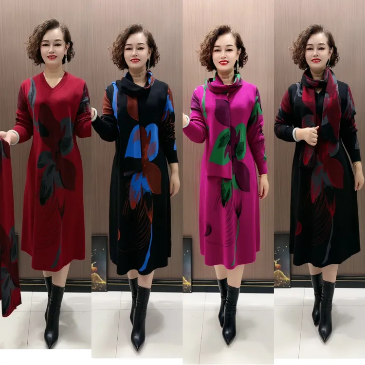 秋冬季时尚针织提花长袖长款V领百搭围巾款显瘦妈妈连衣裙
