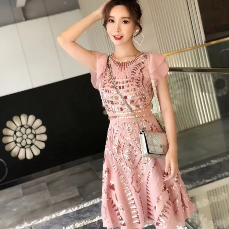 拉链套头刺绣通勤风显瘦气质连衣裙拼接裙子时尚长款高腰夏季碎花