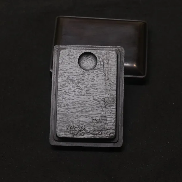 迷你歙砚清供水舷坑水波纹配老料大红酸枝红木盒7×4.6×1.1cm