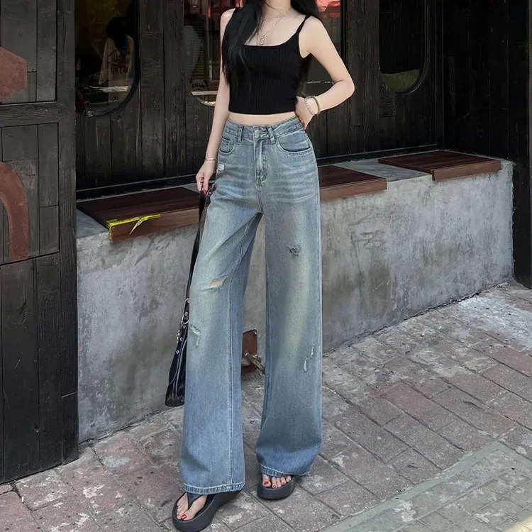 小个子辣妹美式破洞直筒牛仔裤女薄款2025夏季高腰显瘦窄版阔腿裤